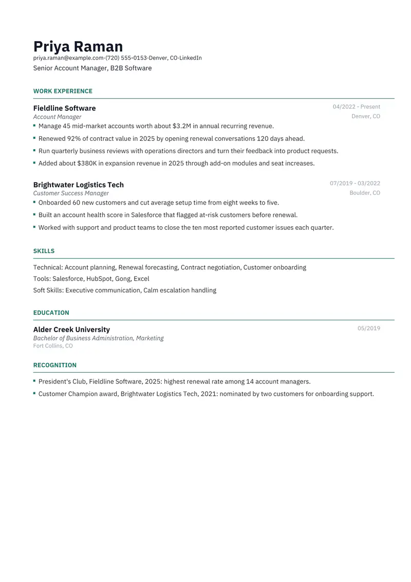 Editable resume template sample in Catalyst, page 1: fictional Senior Account Manager, B2B Software