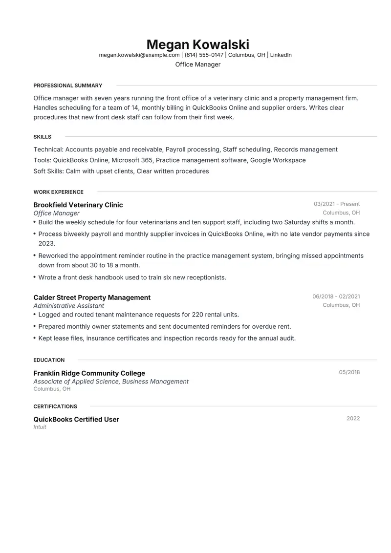 PDF resume template sample in Meridian, page 1: fictional Office Manager