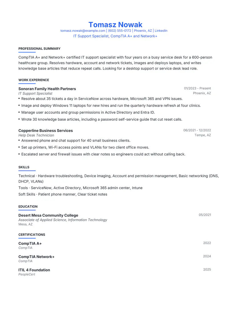 Certifications section resume template sample in Leslie, page 1: fictional IT Support Specialist, CompTIA A+ and Network+