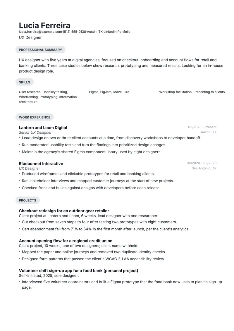 Projects section resume template sample in Daniel, page 1: fictional UX Designer