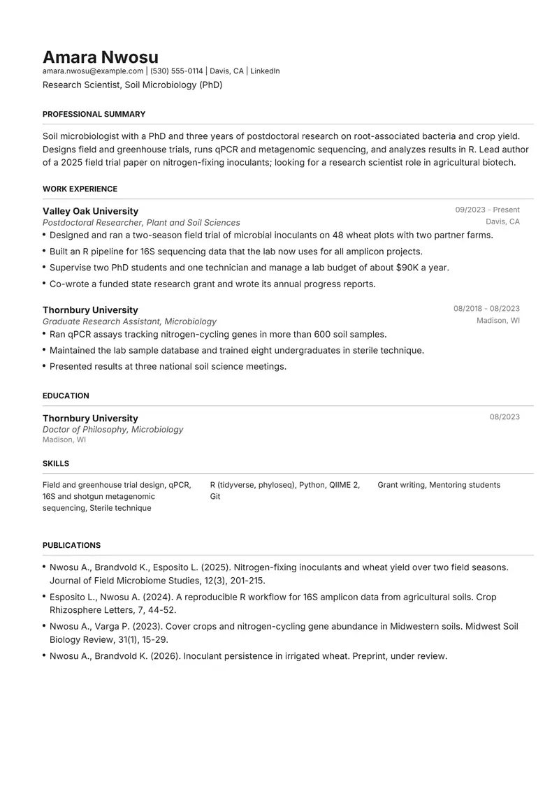 Publications section resume template sample in Henrietta, page 1: fictional Research Scientist, Soil Microbiology (PhD)