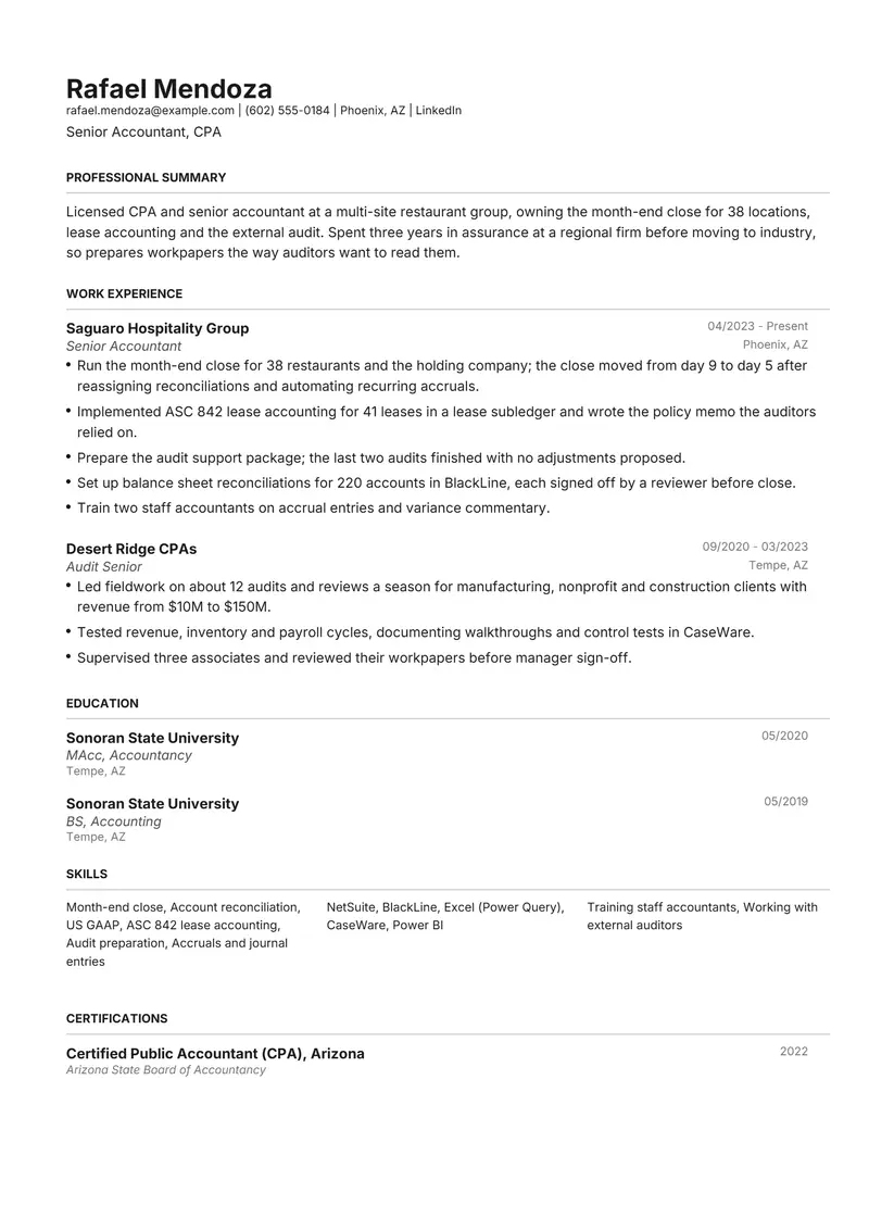 Accounting resume template sample in Henrietta, page 1: fictional Senior Accountant, CPA