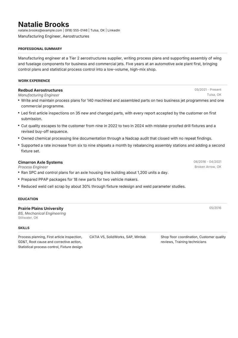 Aerospace resume template sample in Henrietta, page 1: fictional Manufacturing Engineer, Aerostructures