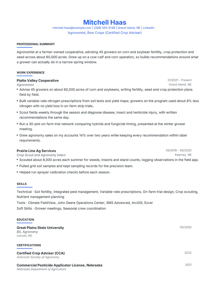 Agriculture resume template sample in Leslie, page 1: fictional Agronomist, Row Crops (Certified Crop Adviser)