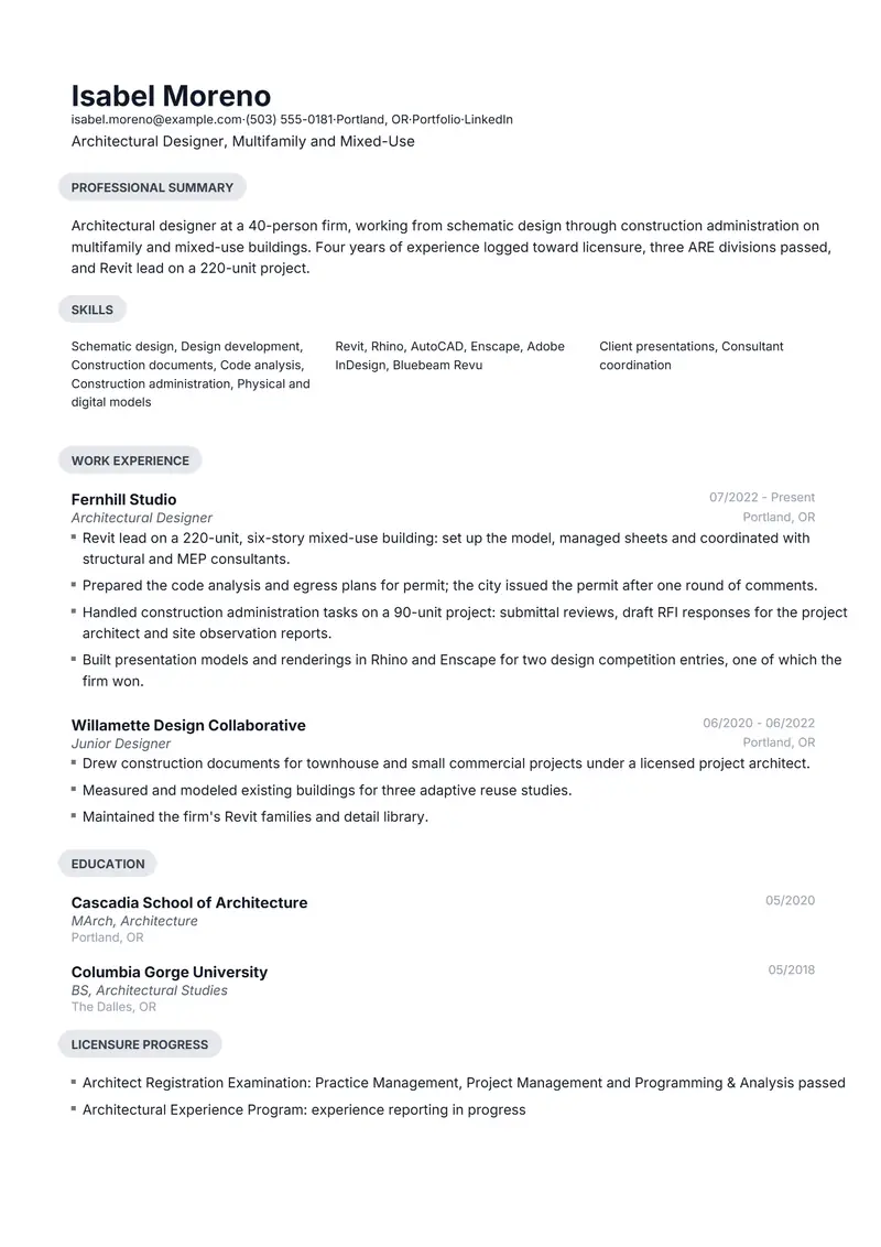Architecture resume template sample in Daniel, page 1: fictional Architectural Designer, Multifamily and Mixed-Use