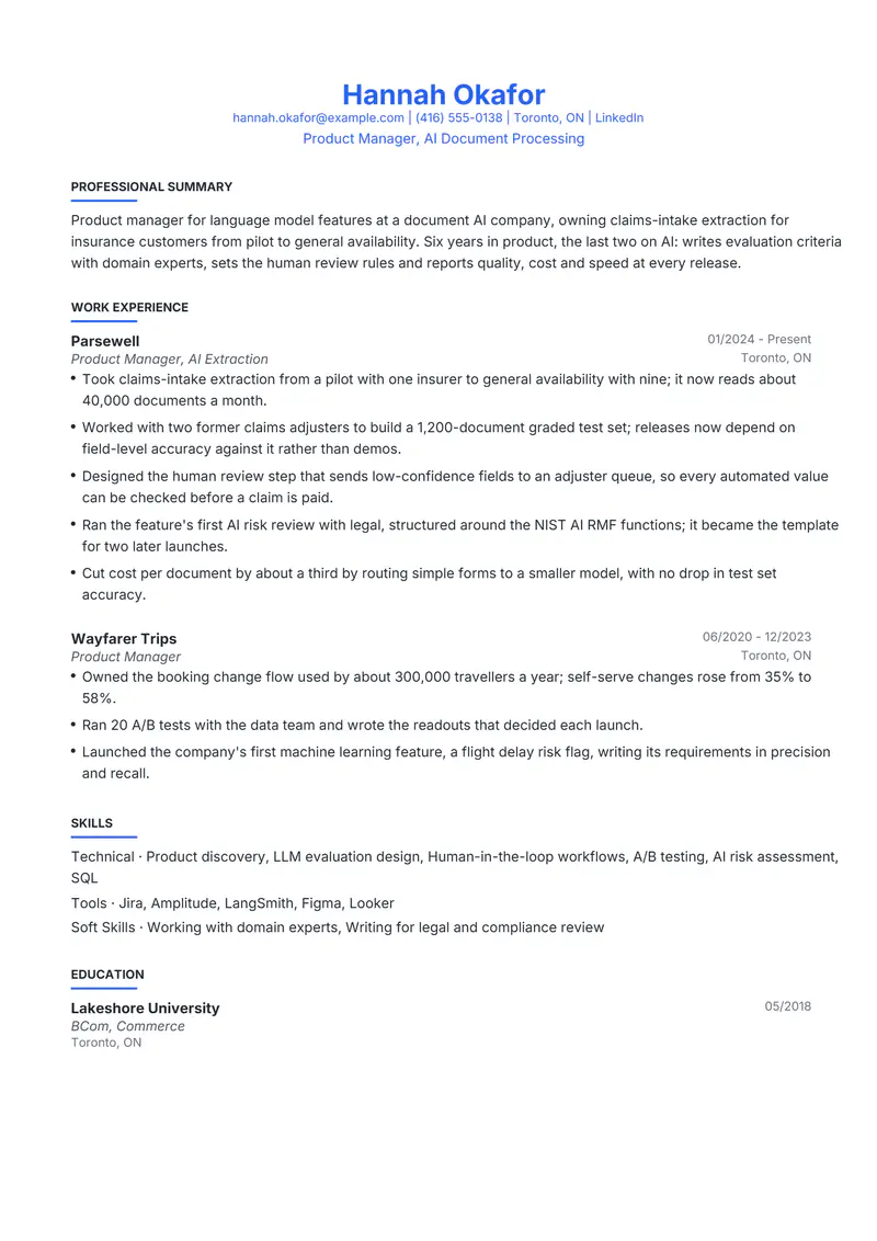 Artificial Intelligence resume template sample in Leslie, page 1: fictional Product Manager, AI Document Processing