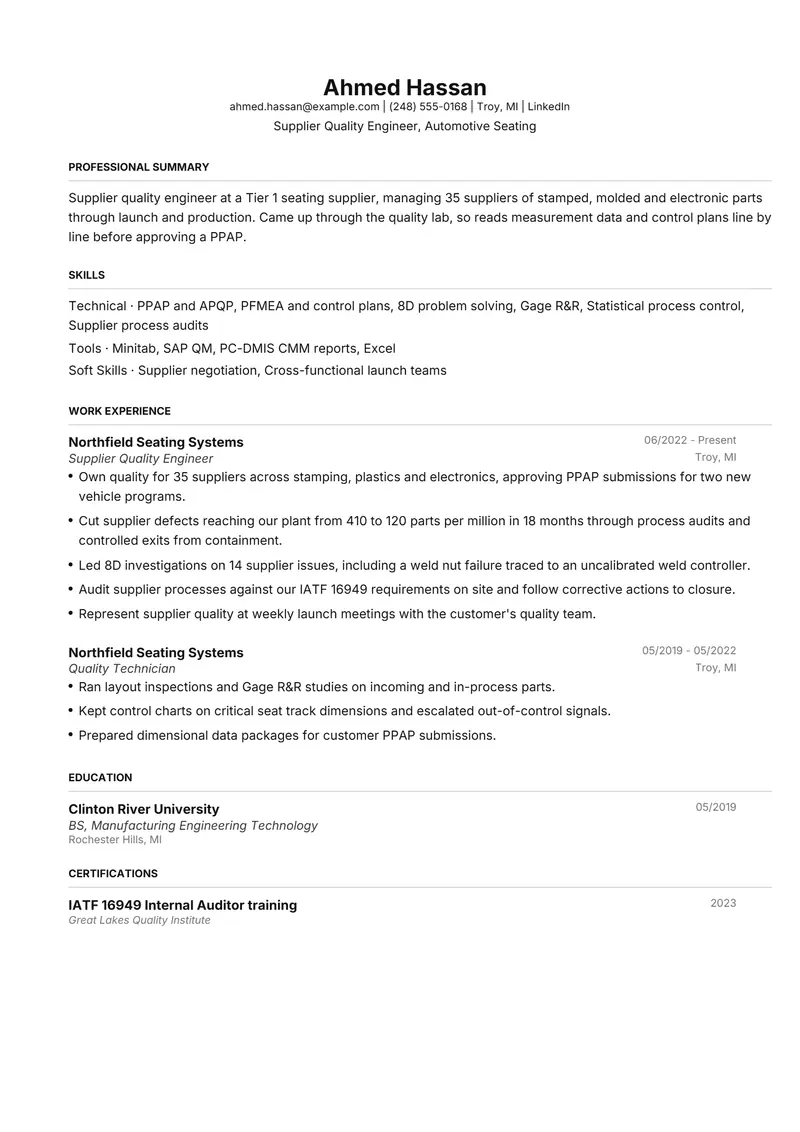 Automotive resume template sample in FAANGPath, page 1: fictional Supplier Quality Engineer, Automotive Seating