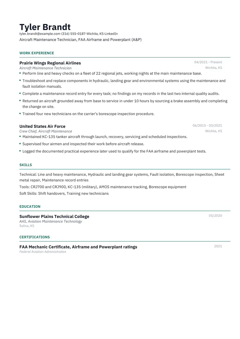 Aviation resume template sample in Catalyst, page 1: fictional Aircraft Maintenance Technician, FAA Airframe and Powerplant (A&P)