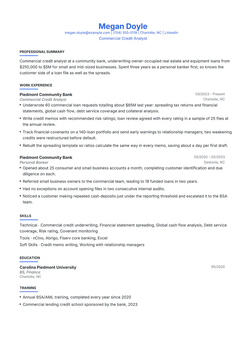 Banking resume template sample in Leslie, page 1: fictional Commercial Credit Analyst