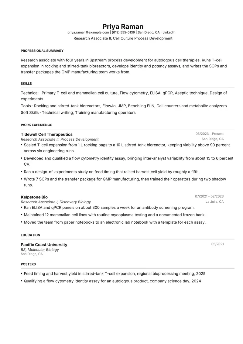 Biotechnology resume template sample in FAANGPath, page 1: fictional Research Associate II, Cell Culture Process Development