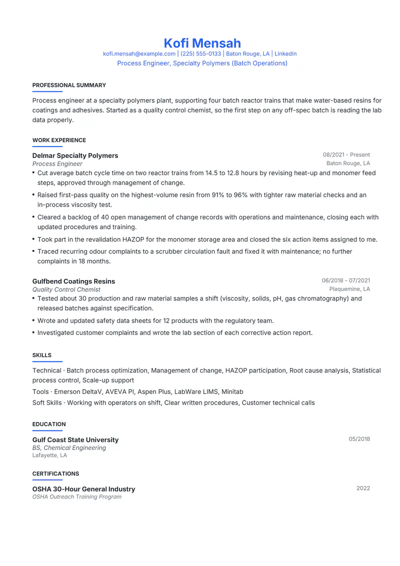 Chemical Industry resume template sample in Leslie, page 1: fictional Process Engineer, Specialty Polymers (Batch Operations)