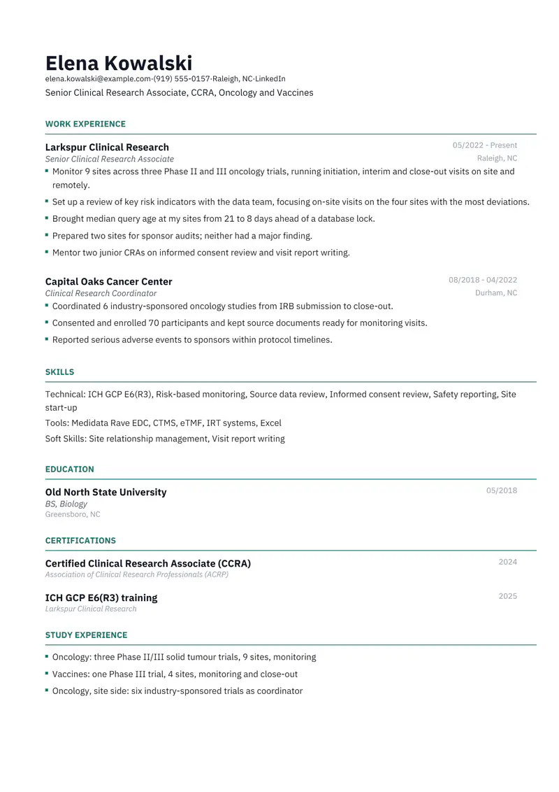 Clinical Research resume template sample in Catalyst, page 1: fictional Senior Clinical Research Associate, CCRA, Oncology and Vaccines