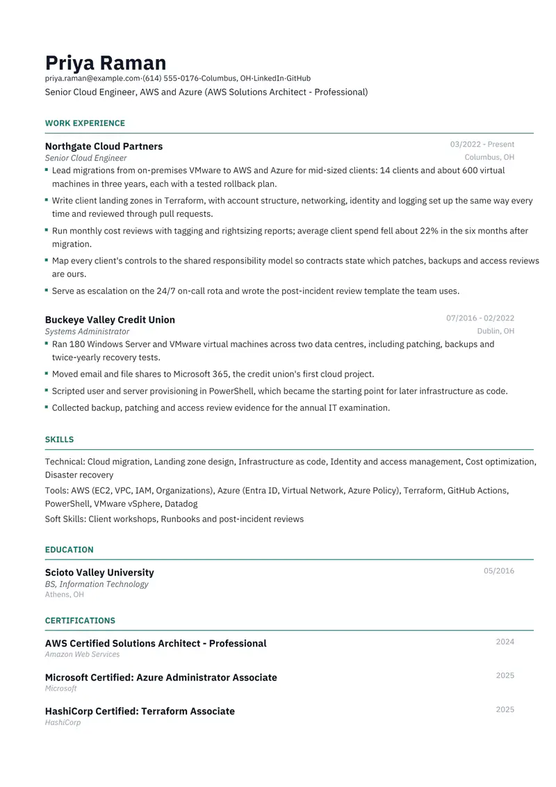 Cloud Computing resume template sample in Catalyst, page 1: fictional Senior Cloud Engineer, AWS and Azure (AWS Solutions Architect - Professional)