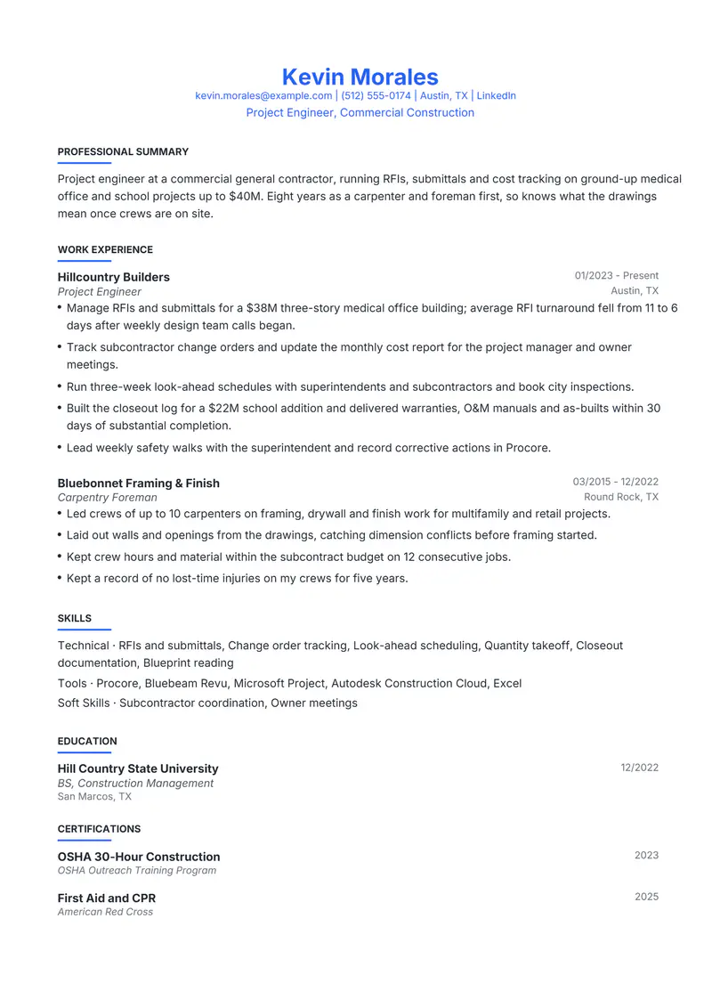 Construction resume template sample in Leslie, page 1: fictional Project Engineer, Commercial Construction