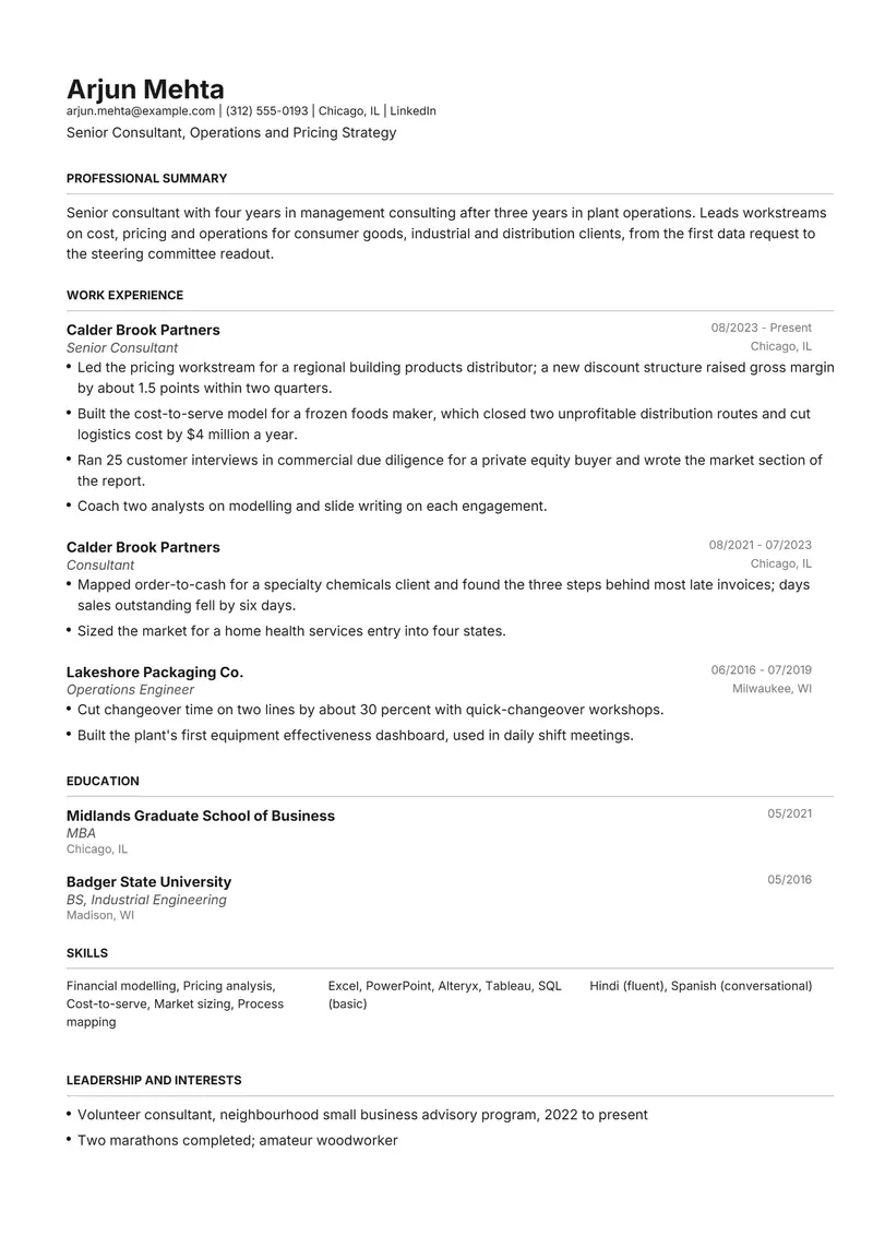 Consulting resume template sample in Henrietta, page 1: fictional Senior Consultant, Operations and Pricing Strategy