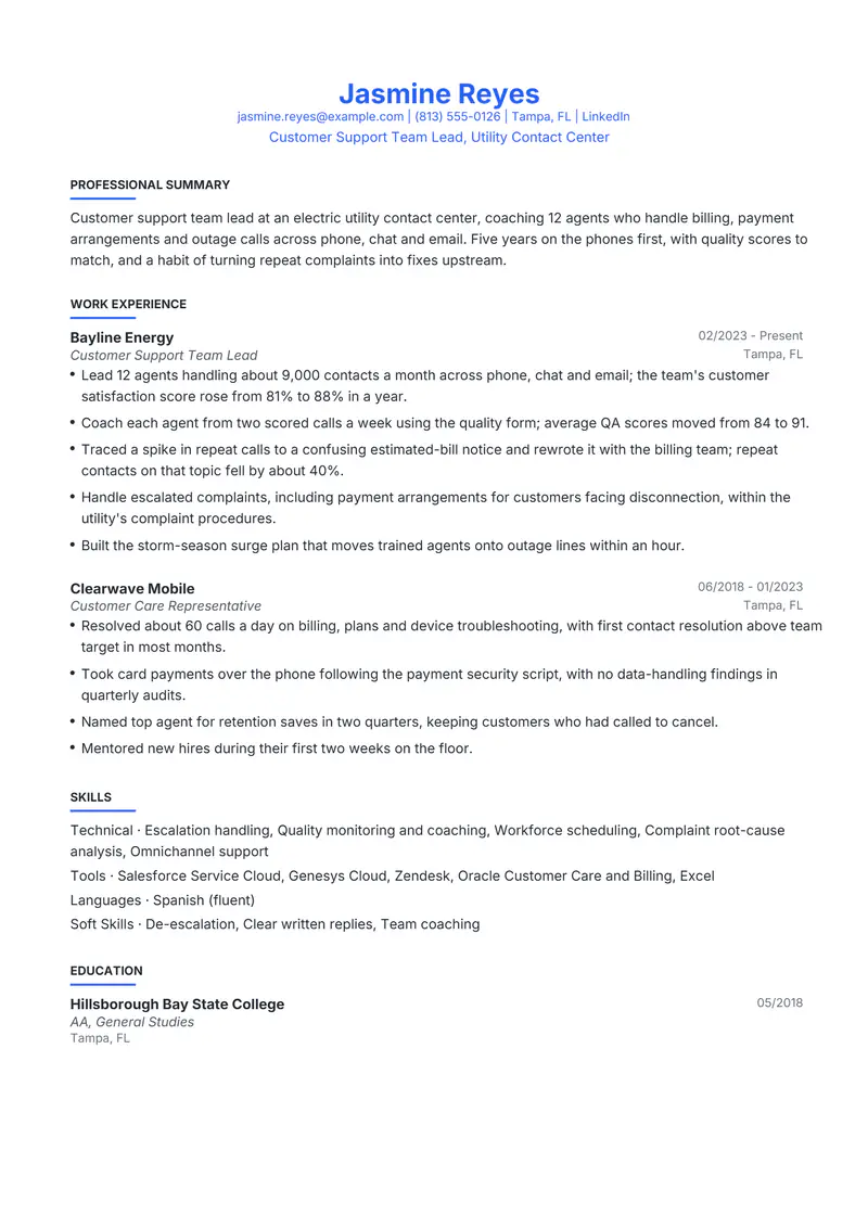 Customer Service resume template sample in Leslie, page 1: fictional Customer Support Team Lead, Utility Contact Center