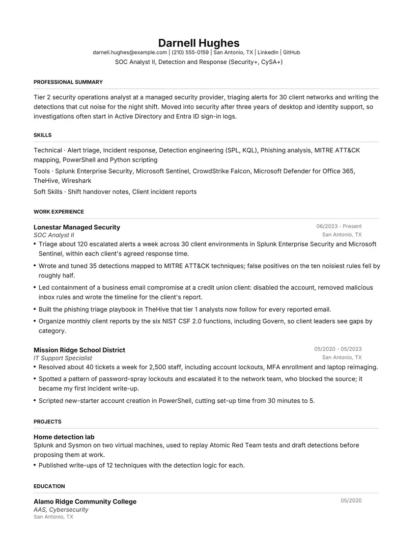 Cybersecurity resume template sample in FAANGPath, page 1: fictional SOC Analyst II, Detection and Response (Security+, CySA+)