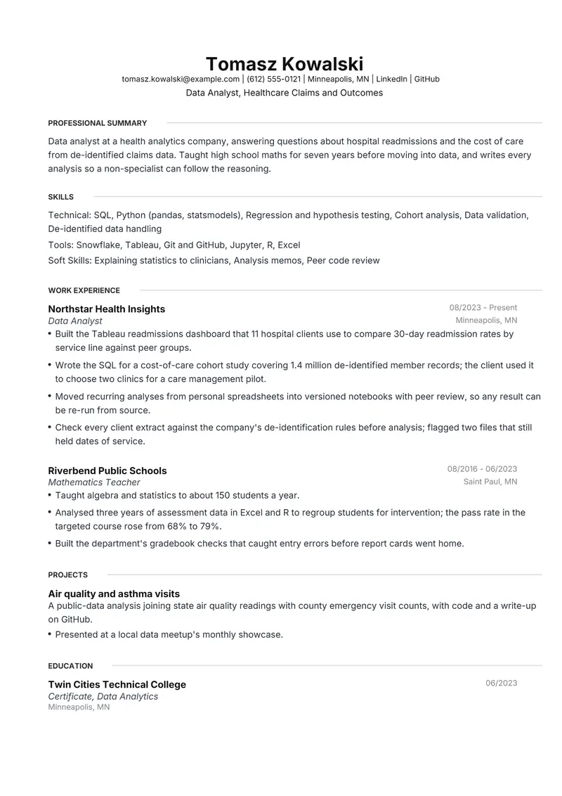 Data Science resume template sample in Meridian, page 1: fictional Data Analyst, Healthcare Claims and Outcomes