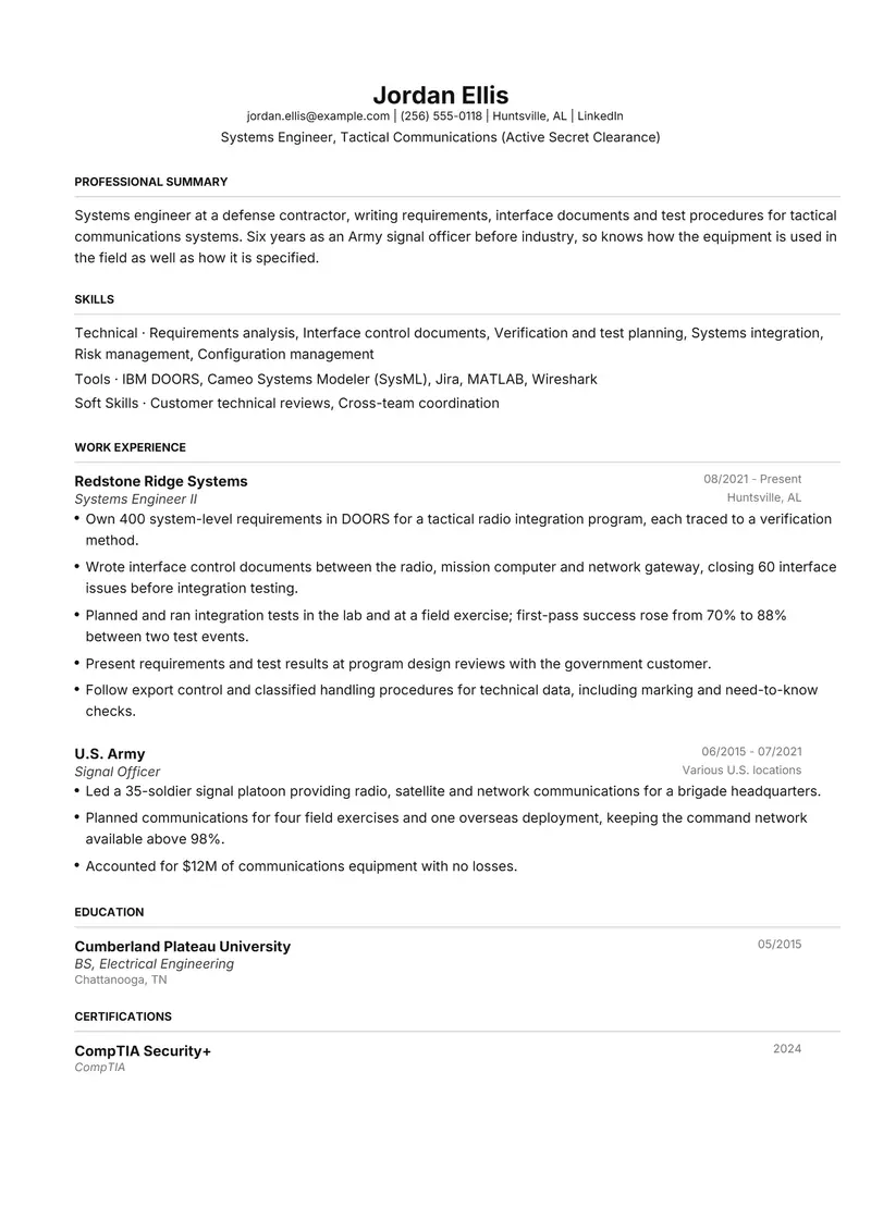 Defense resume template sample in FAANGPath, page 1: fictional Systems Engineer, Tactical Communications (Active Secret Clearance)