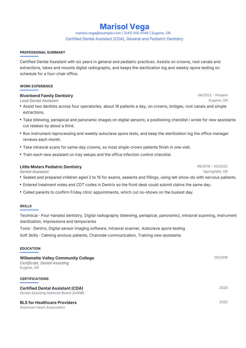 Dental resume template sample in Leslie, page 1: fictional Certified Dental Assistant (CDA), General and Pediatric Dentistry