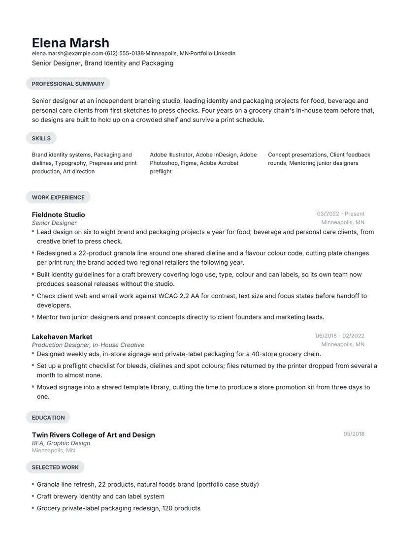 Design resume template sample in Daniel, page 1: fictional Senior Designer, Brand Identity and Packaging
