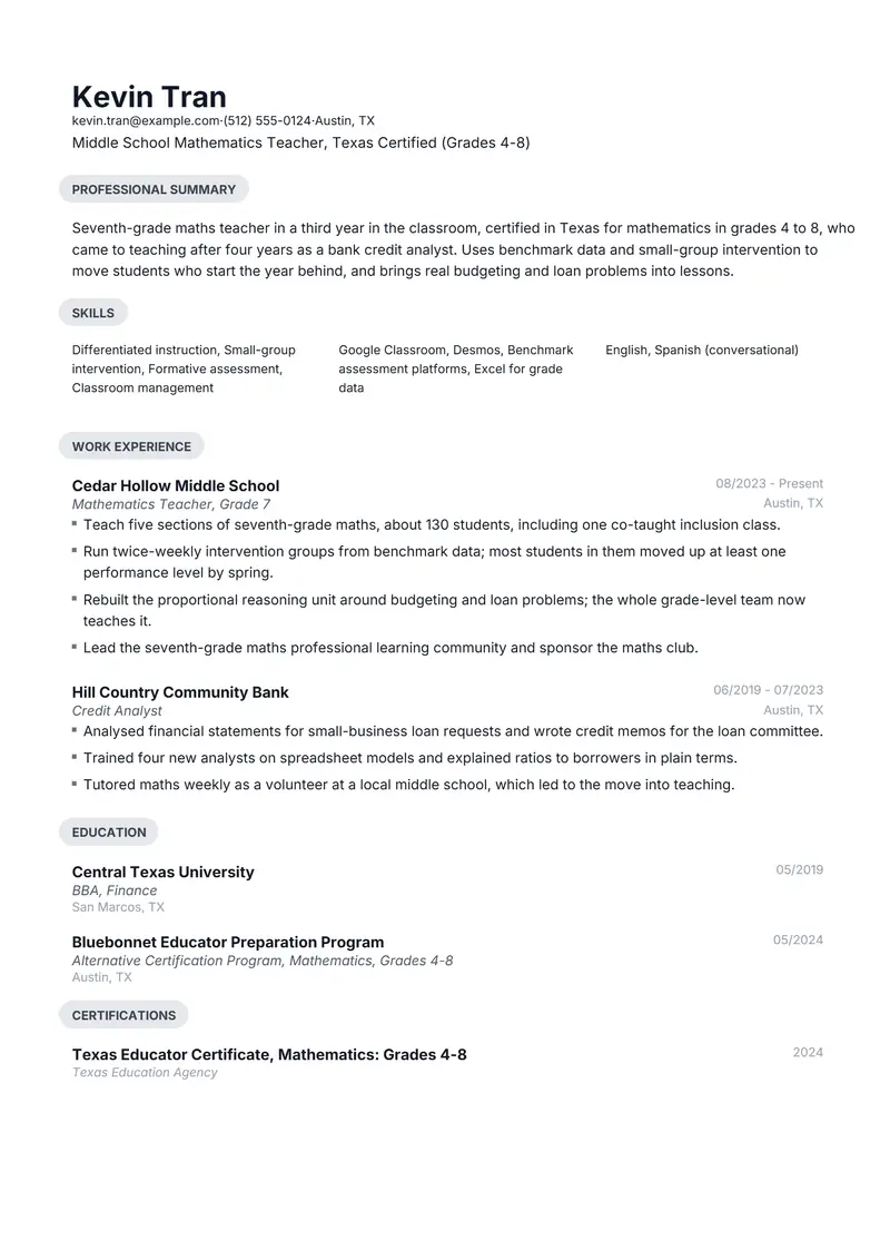 Education resume template sample in Daniel, page 1: fictional Middle School Mathematics Teacher, Texas Certified (Grades 4-8)