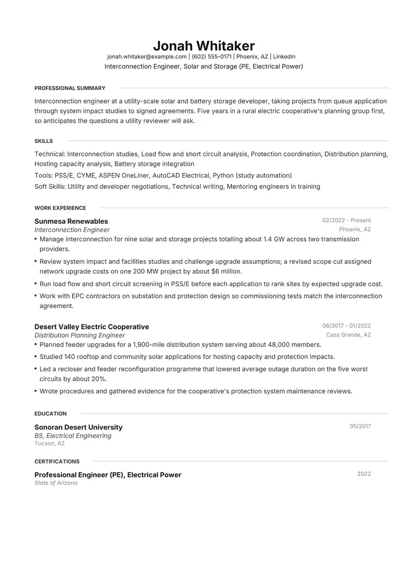 Energy resume template sample in Meridian, page 1: fictional Interconnection Engineer, Solar and Storage (PE, Electrical Power)