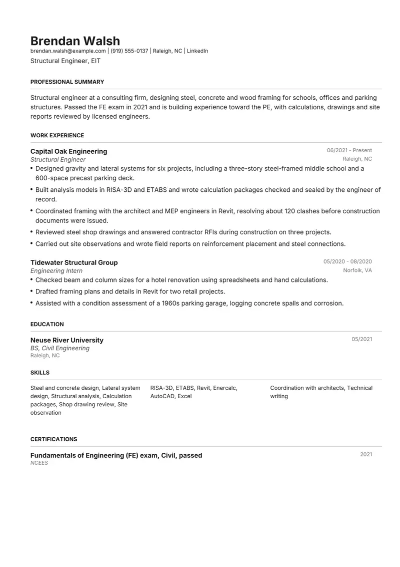 Engineering resume template sample in Henrietta, page 1: fictional Structural Engineer, EIT