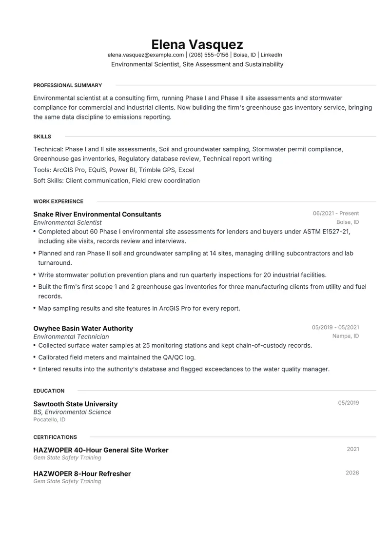 Environmental Science resume template sample in Meridian, page 1: fictional Environmental Scientist, Site Assessment and Sustainability