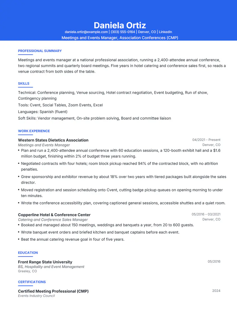 Event Planning resume template sample in Olivia, page 1: fictional Meetings and Events Manager, Association Conferences (CMP)