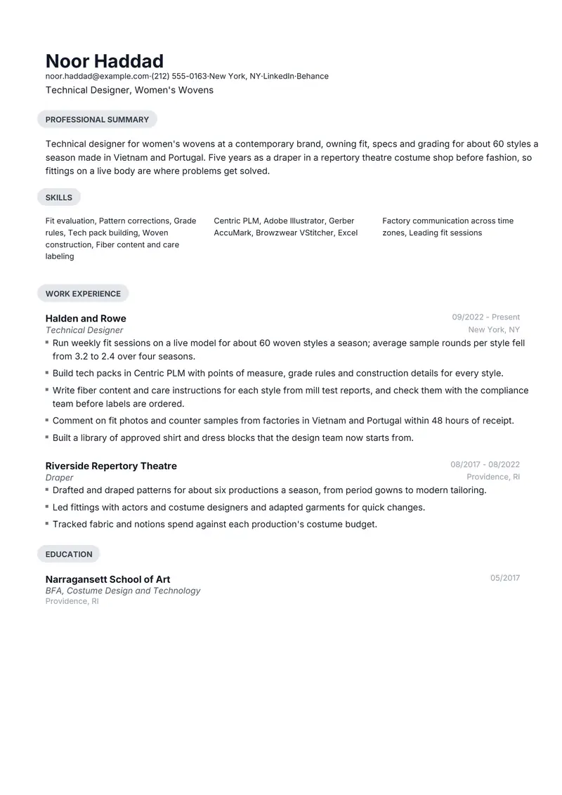 Fashion resume template sample in Daniel, page 1: fictional Technical Designer, Women's Wovens