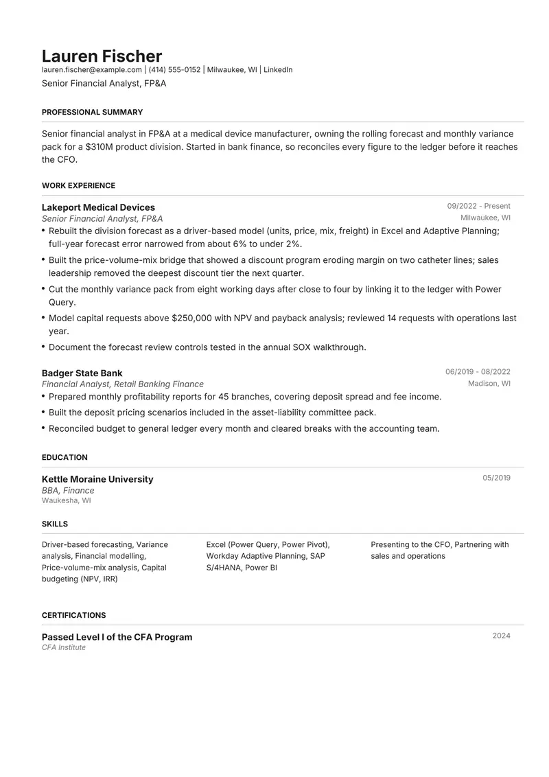 Finance resume template sample in Henrietta, page 1: fictional Senior Financial Analyst, FP&A