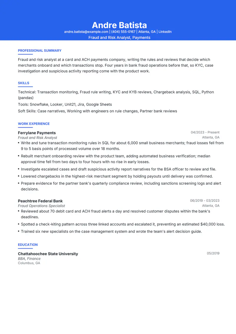 Fintech resume template sample in Olivia, page 1: fictional Fraud and Risk Analyst, Payments