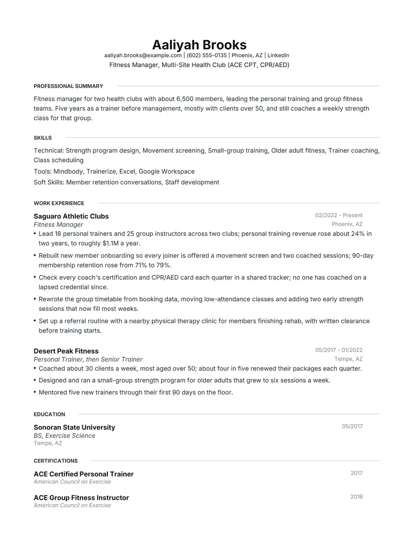 Fitness resume template sample in Meridian, page 1: fictional Fitness Manager, Multi-Site Health Club (ACE CPT, CPR/AED)