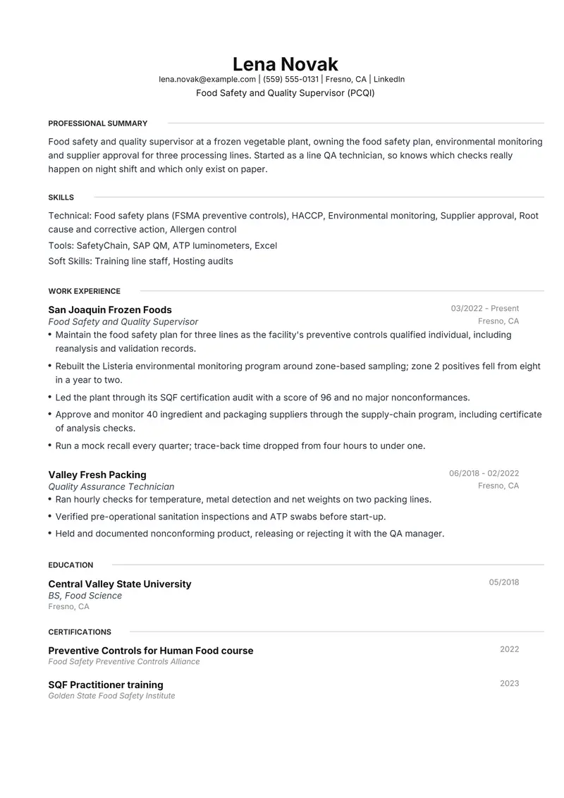 Food Production resume template sample in Meridian, page 1: fictional Food Safety and Quality Supervisor (PCQI)