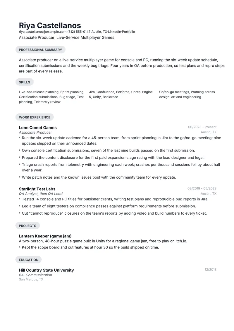 Gaming resume template sample in Daniel, page 1: fictional Associate Producer, Live-Service Multiplayer Games