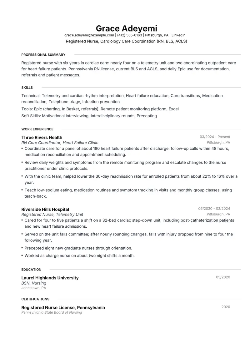 Healthcare resume template sample in Meridian, page 1: fictional Registered Nurse, Cardiology Care Coordination (RN, BLS, ACLS)