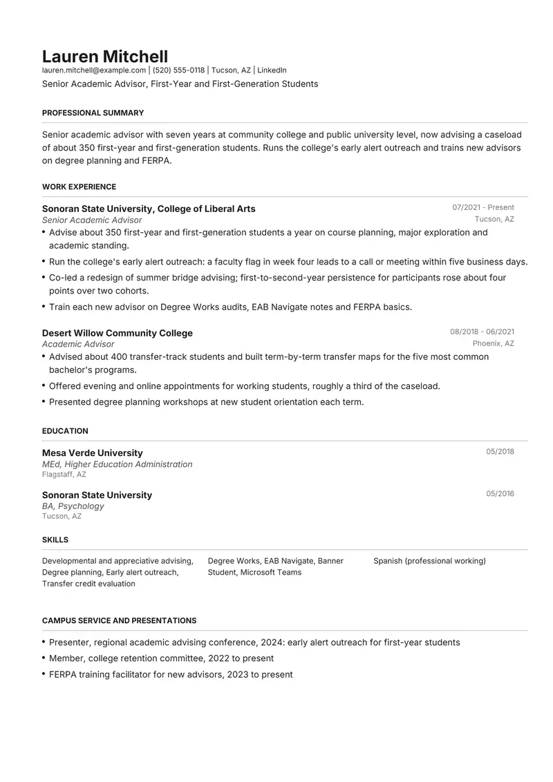Higher Education resume template sample in Henrietta, page 1: fictional Senior Academic Advisor, First-Year and First-Generation Students