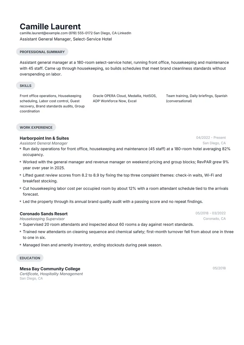 Hospitality resume template sample in Daniel, page 1: fictional Assistant General Manager, Select-Service Hotel