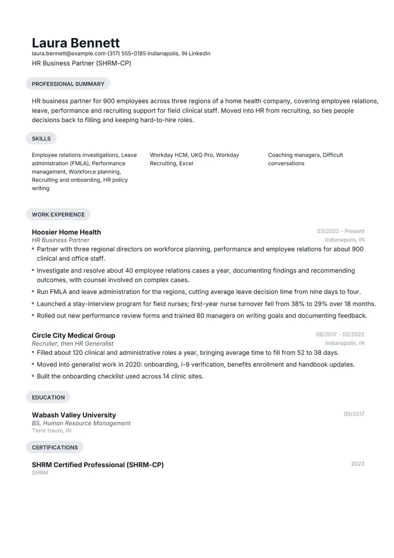 Human Resources resume template sample in Daniel, page 1: fictional HR Business Partner (SHRM-CP)