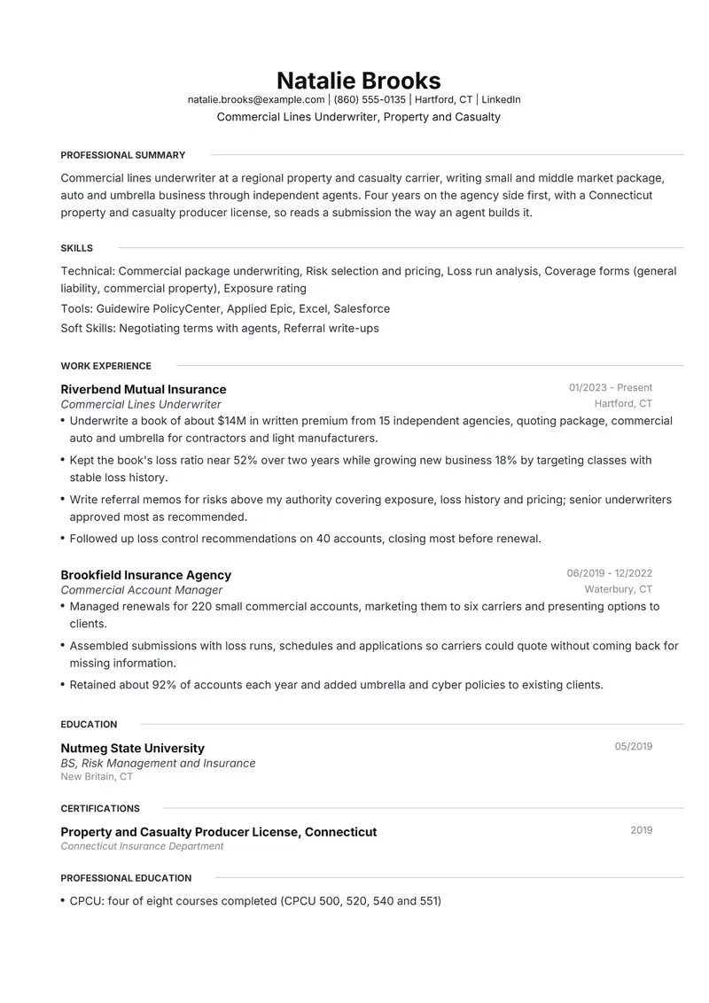 Insurance resume template sample in Meridian, page 1: fictional Commercial Lines Underwriter, Property and Casualty