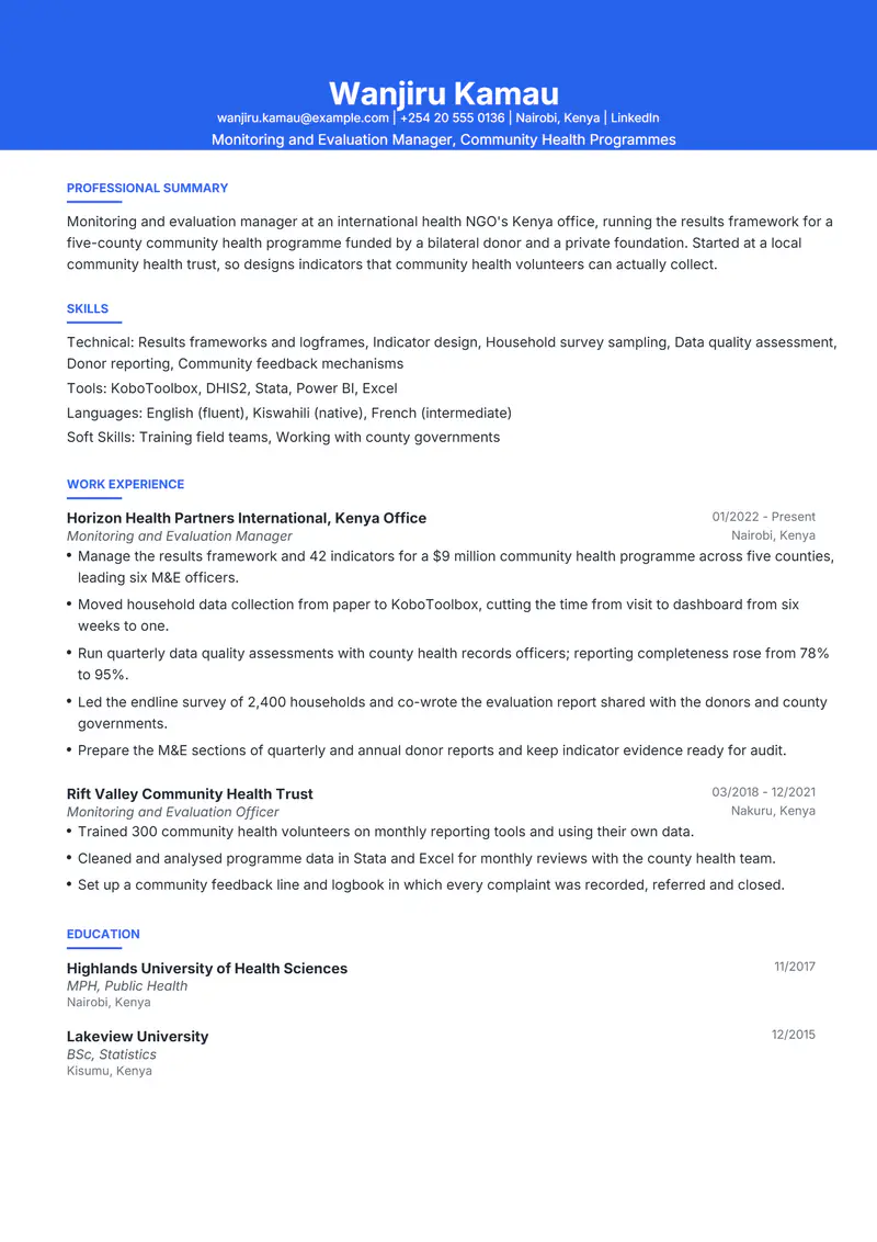 International Development resume template sample in Olivia, page 1: fictional Monitoring and Evaluation Manager, Community Health Programmes