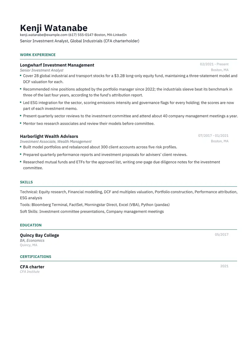 Investment Management resume template sample in Catalyst, page 1: fictional Senior Investment Analyst, Global Industrials (CFA charterholder)