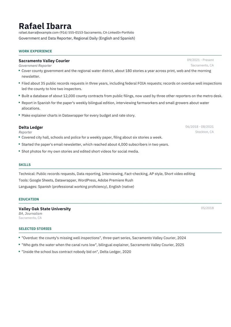 Journalism resume template sample in Catalyst, page 1: fictional Government and Data Reporter, Regional Daily (English and Spanish)