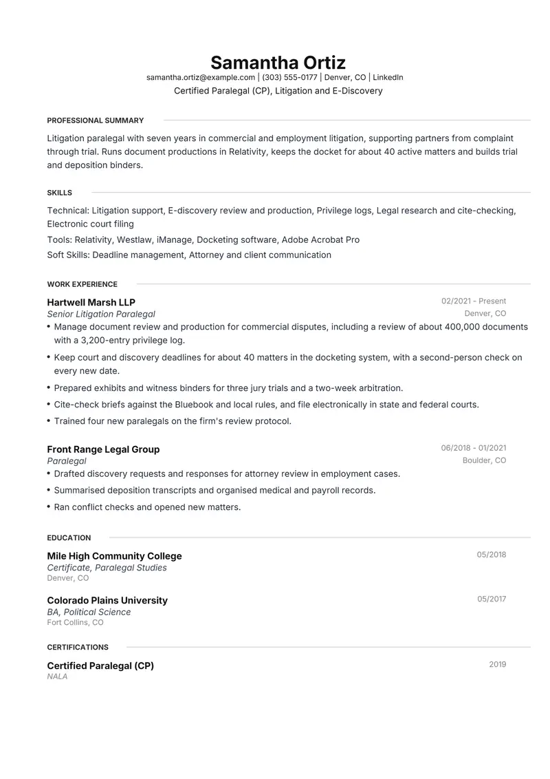 Legal resume template sample in Meridian, page 1: fictional Certified Paralegal (CP), Litigation and E-Discovery