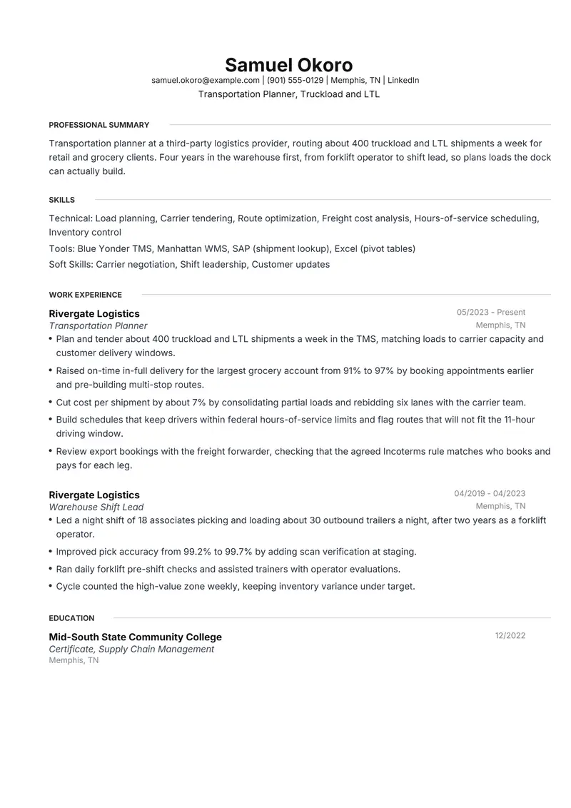 Logistics and Supply Chain resume template sample in Meridian, page 1: fictional Transportation Planner, Truckload and LTL