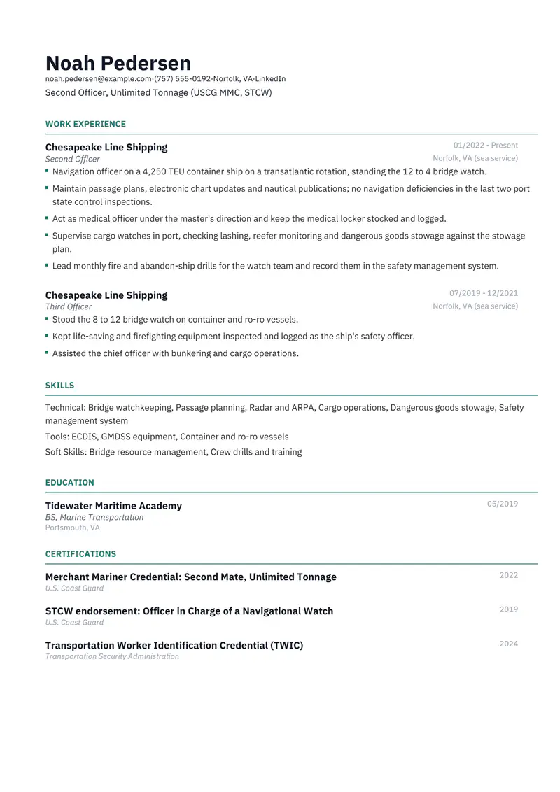 Maritime resume template sample in Catalyst, page 1: fictional Second Officer, Unlimited Tonnage (USCG MMC, STCW)