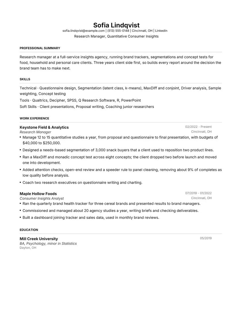 Market Research resume template sample in FAANGPath, page 1: fictional Research Manager, Quantitative Consumer Insights