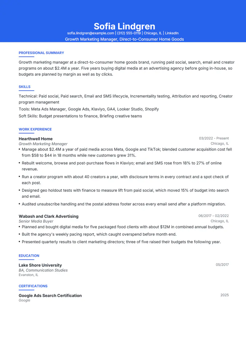Marketing resume template sample in Olivia, page 1: fictional Growth Marketing Manager, Direct-to-Consumer Home Goods
