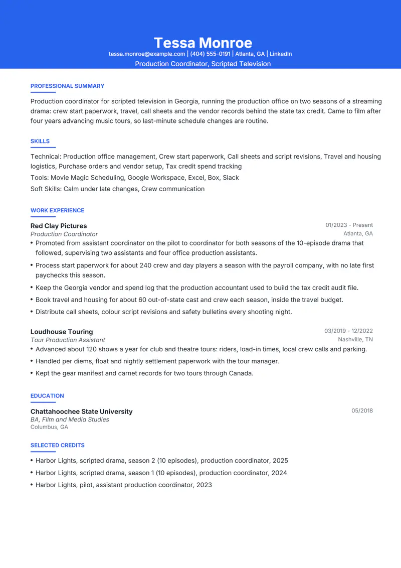 Media resume template sample in Olivia, page 1: fictional Production Coordinator, Scripted Television